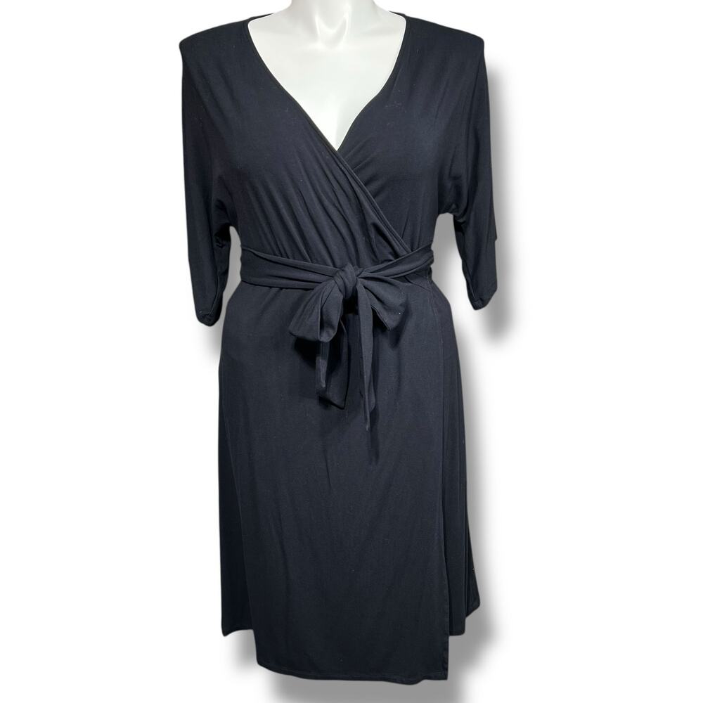 Yansi Fugel Womens Wrap Dress Midi Surplice V Neck Short Sleeve Stretch Black XL